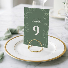 Elegant Sagogrön Blommig Linjekonst Bröllop Bordsnummer