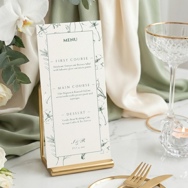 Elegant Sagogrön Blommig Linjekonst Bröllop Meny (Quiet luxury for your tablescape. A beautifully elegant wedding menu. ✨)
