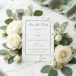 Elegant Sagogrön Blommig Linjekonst Bröllop Spara Datumet