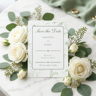 Elegant Sagogrön Blommig Linjekonst Bröllop Spara Datumet