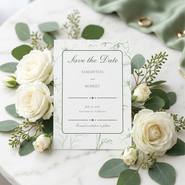 Elegant Sagogrön Blommig Linjekonst Bröllop Spara Datumet (Love is in the details. A romantic sage green floral save the date.)