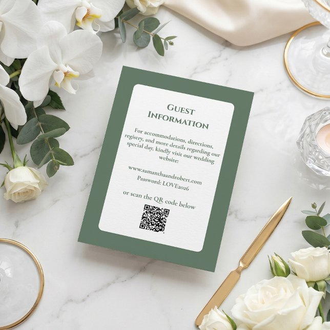 Elegant Sagogrön Blommig Linjekonst QR-kod Bröllop Tilläggskort (Guide your guests with grace. 🤍 Elegant sage green wedding details card.)