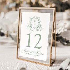 Elegant Sagogrön Blommig Vapen Monogram Bröllop Bordsnummer