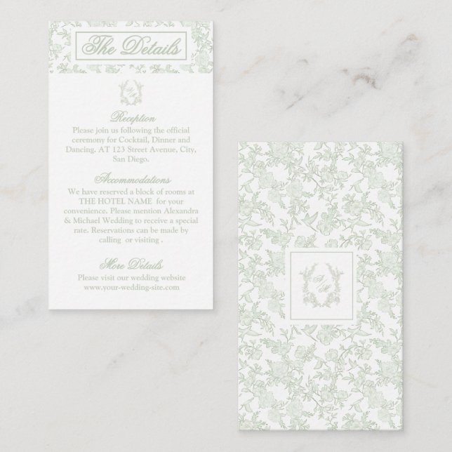 Elegant Sagogrön Blommig Vapen Monogram Bröllop Tilläggskort (Fram/baksida)