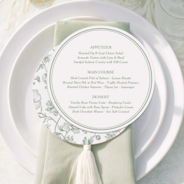 Elegant Sagogrön Fransk Blommig Bröllopsmeny Kort (Elegant Sage Green French Floral Wedding Menu)