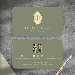 Elegant Sagogrön & Guld Glänsande Ovalt Monogram Visitkort