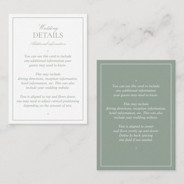 Elegant Sagogrön Kalligrafi Bröllopsdetaljer Tilläggskort (Fram/baksida)