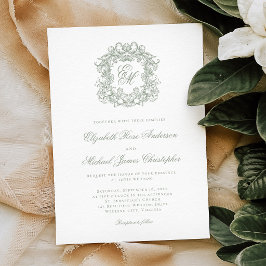 Elegant Sagogrön Kamvas Monogram Bröllop Inbjudningar