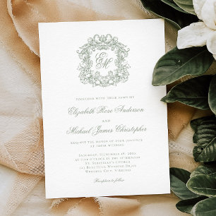 Elegant Sagogrön Kamvas Monogram Bröllop Inbjudningar