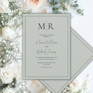 Elegant Sagogrön Monogram Modern Bröllop Inbjudningar
