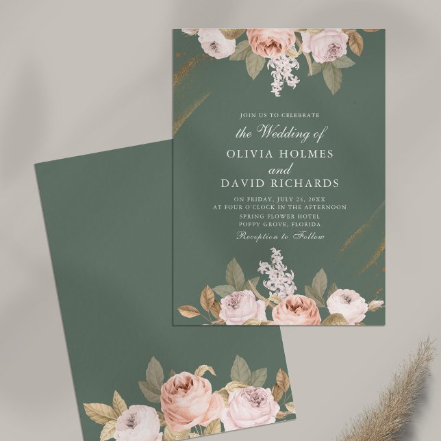 Elegant Sagogrön Peony Bröllopsinbjudan Inbjudningar (Elegant Sage Green Peony Wedding Invitation on table)