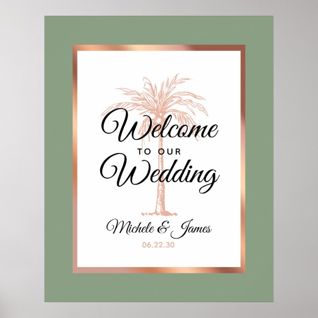 Elegant Sagogrön Roséguld Palm Bröllopsvälkomstsky Poster (Framsidan)