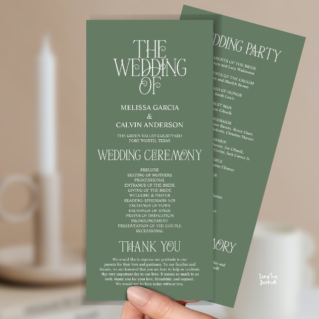 Elegant Sagogrön Typografi Bröllopsprogram Program (Sage Green Typography Modern Romantic Wedding Program Card)