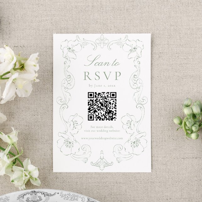 Elegant Sagogrön Utförlig Blommig QR-kod Bröllop OSA Kort (Skapare uppladdad)