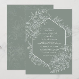 Elegant Sagogrön Vit Geometrisk Blommig Bröllop Inbjudningar