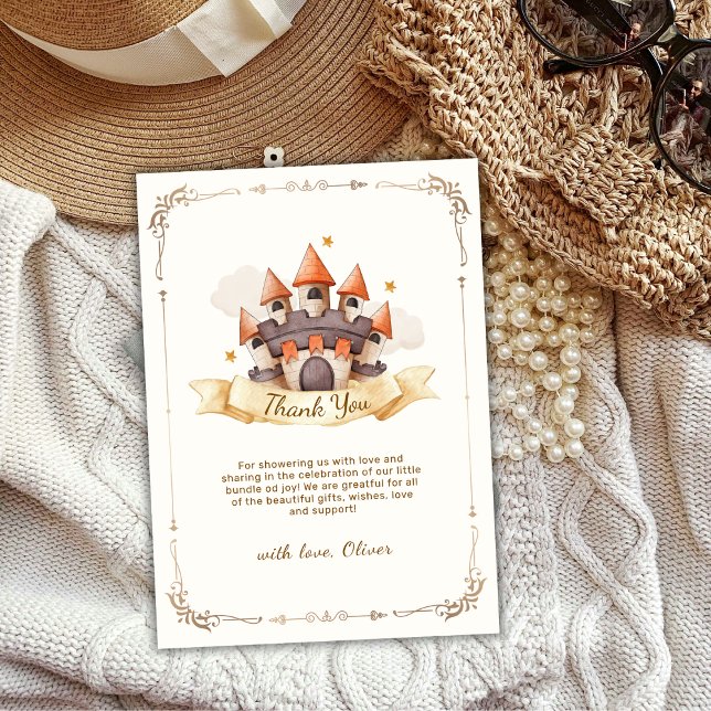 Elegant Sagoprins Slott Bebis firande  Tack Kort (Elegant Fairytale Prince Castle Baby Shower Thank You Card)