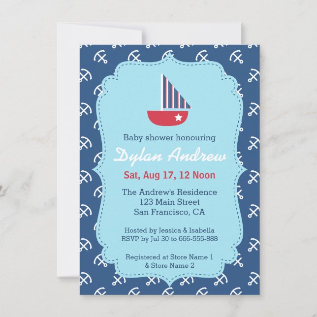 Elegant Sailboat Anchor Nautical baby dusch Inbjudningar (Framsida)