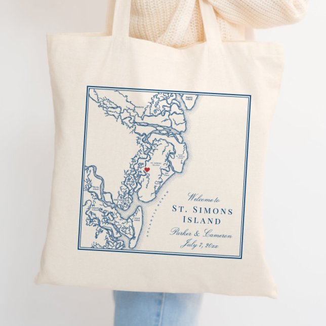Elegant Saint Simons Island Georgia Navy Karta Brö Tygkasse (Elegant St. Simons Island Georgia Wedding Tote Bag with navy blue map )