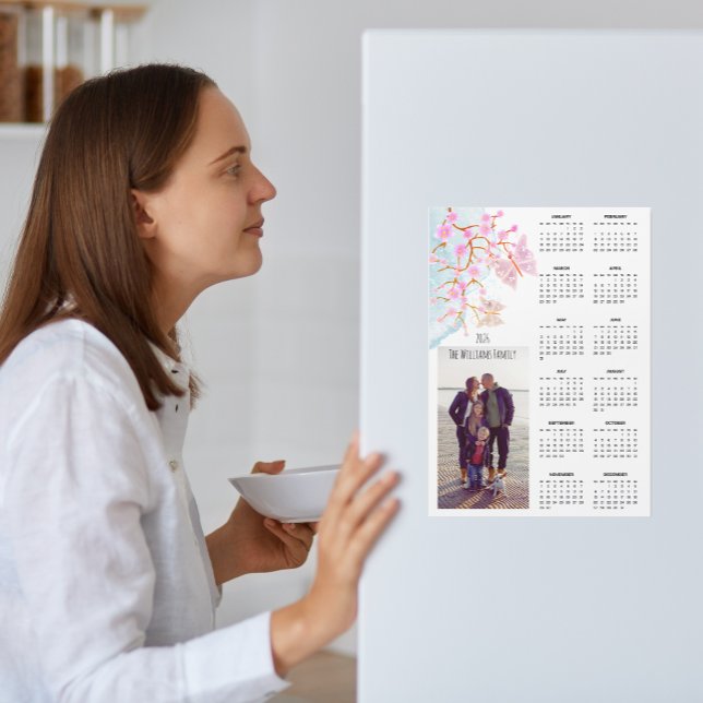 Elegant Sakura Butterflies 2026 Calendar Photo (2026 Magnetic Calendar Card with Custom Photo & Family Name. Sakura Flower Bouquet with Butterflies)