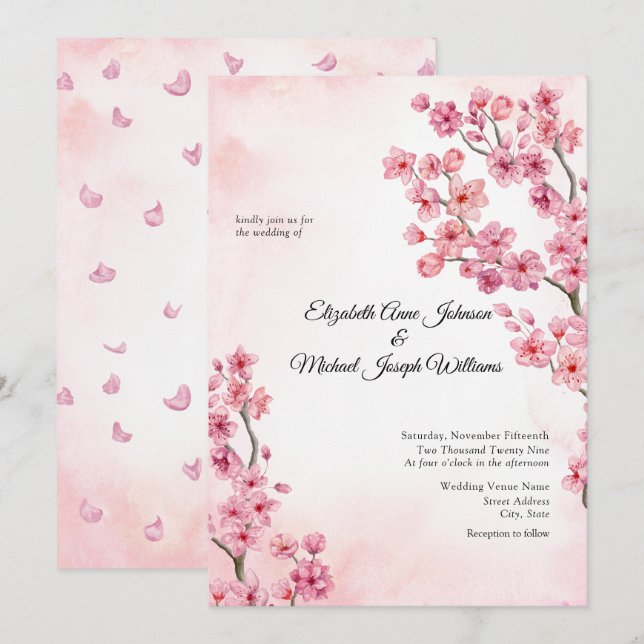 Elegant Sakura Rosa Cherry Blommar Blommigt Bröllo Inbjudningar (Fram/baksida)