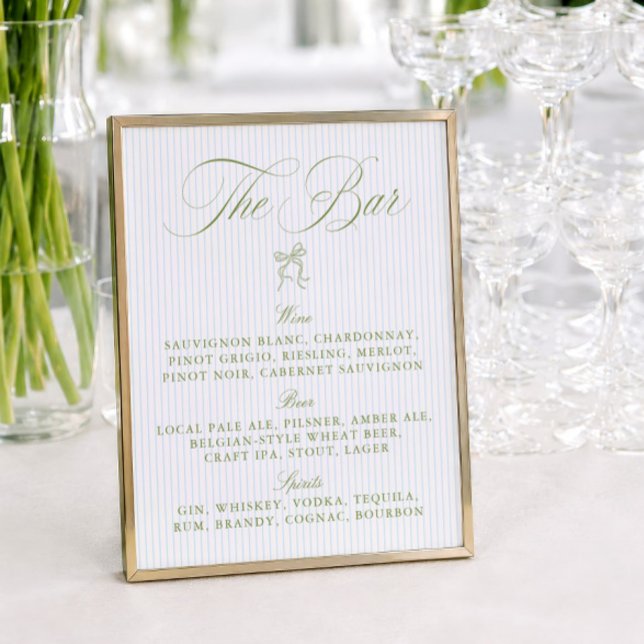 Elegant Sälg & Blå Ränder Bröllopsbarskylt (Elegant Sage & Blue Stripes Wedding Bar Sign)
