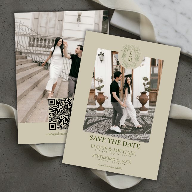 Elegant Sälggrön Kammonogram Vigseldagsnotis  Inbjudningar (Elegant Sage Green Crest Monogram Save The Date Invitation)