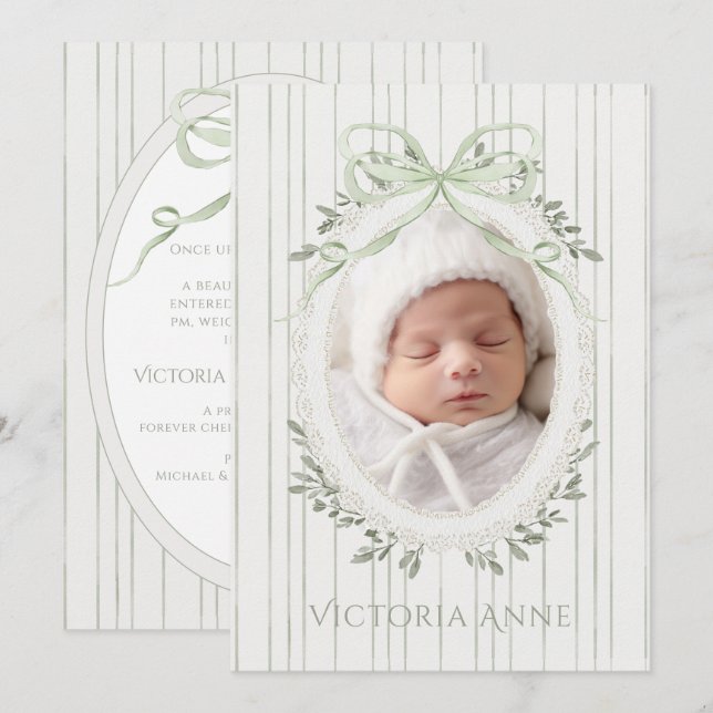Elegant Sålgrön Babyflicka Födelse Tillkännagivand Inbjudningar (Fram/baksida)