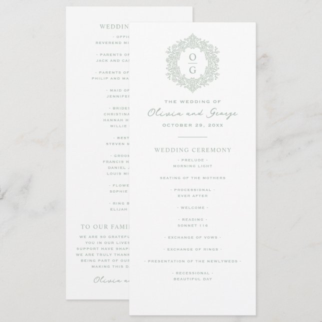 Elegant Sålgrön Bröllopssläkt Program (Fram/baksida)