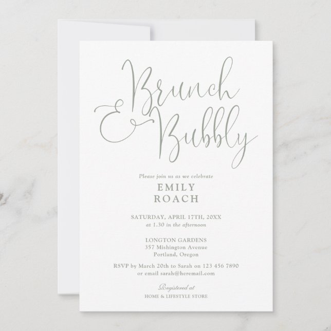 Elegant Sålgrön Brunch Och Bubbly Bröllopskalas Inbjudningar (Framsida)
