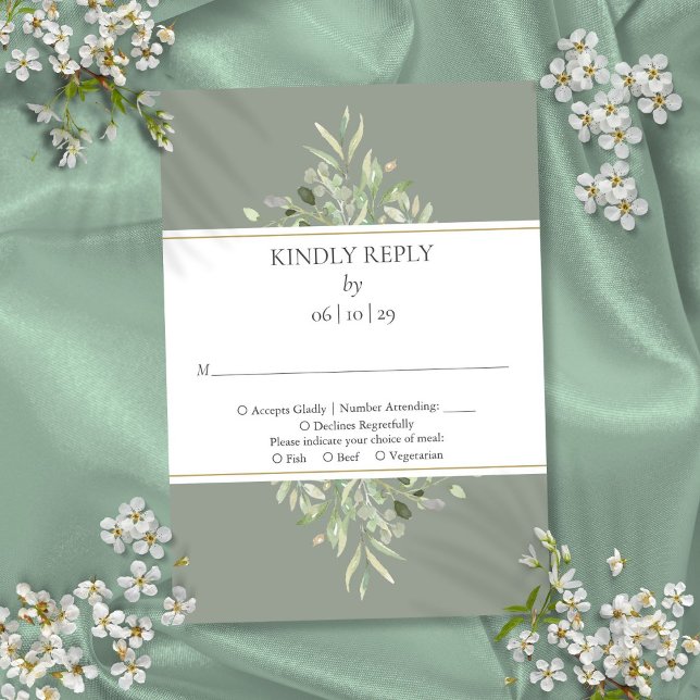 Elegant Sålgrön Grönska Guld OSA Kort (Elegant Sage Green Greenery Gold RSVP Card)