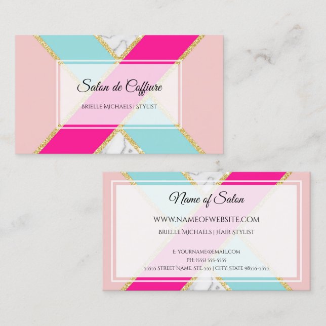 Elegant Salong Rosa och Blå Glitter och Marmor Visitkort (Fram/baksida)