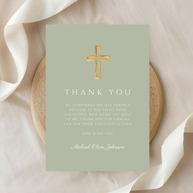 Elegant Salvia Grenn Religiös Kors Bekräftelse Tack Kort (Elegant Sage Grenn Religious Cross Confirmation Thank You Card)