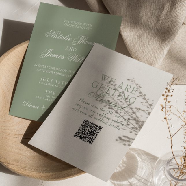 Elegant Salvia Grön Boho Modern QR-kod Bröllop Inbjudningar (Skapare uppladdad)