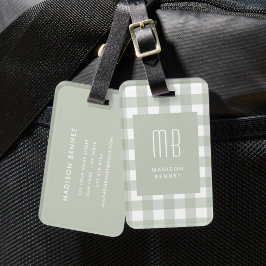 Elegant Salvia Grön Gingham Monogram Bagagebricka