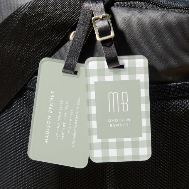 Elegant Salvia Grön Gingham Monogram Bagagebricka (Elegant Sage Green Gingham Monogram Luggage Tag)