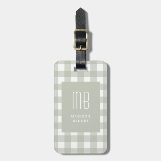 Elegant Salvia Grön Gingham Monogram Bagagebricka (Vertikal Framsida)