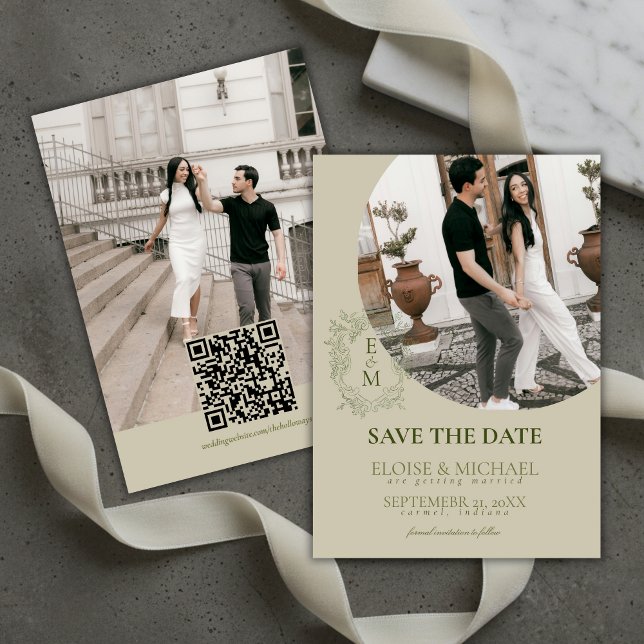 Elegant Salvia Grön Kammonogram Spara Datum  Inbjudningar (Elegant Sage Green Crest Monogram Save The Date Invitation)