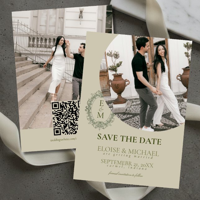 Elegant Salvia Grön Kammonogram Spara Datum  Inbjudningar (Elegant Sage Green Crest Monogram Save The Date Invitation)