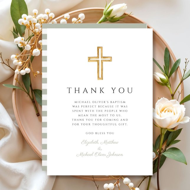 Elegant Salvia Grön Kors Dop Tack Kort (Elegant Sage Green Cross Baptism Thank You Card)