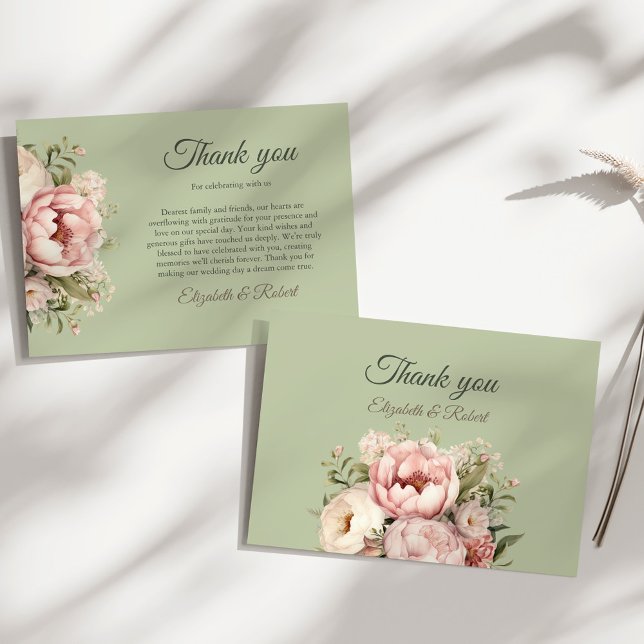 Elegant Salvia Grön Kronska Tacksamhetskort Tack Kort (Elegant Sage Green Peony Floral Thank You Card on a sunny white table)