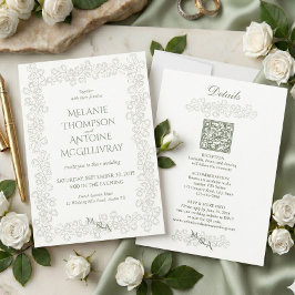 Elegant Salvia Grön QR-kod RSVP Vintage Bröllop Inbjudningar
