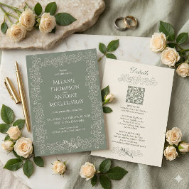 Elegant Salvia Grön QR-kod RSVP Vintage Bröllop Inbjudningar