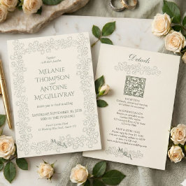 Elegant Salvia Grön QR-kod RSVP Vintage Bröllop Inbjudningar