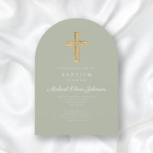 Elegant Salvia Grön Religiös Kors Dopfest Inbjudningar