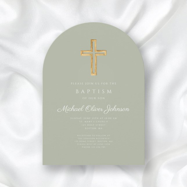 Elegant Salvia Grön Religiös Kors Dopfest Inbjudningar (Elegant Sage Green Religious Cross Baptism Invitation)
