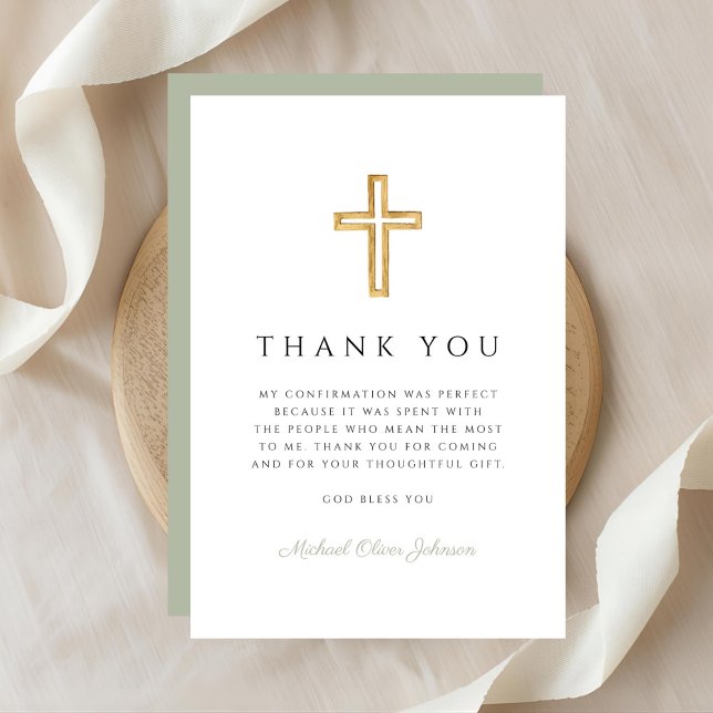 Elegant Salvia Grön Religiös Kors Konfirmation Tack Kort (Elegant Sage Green Religious Cross Confirmation Thank You Card)