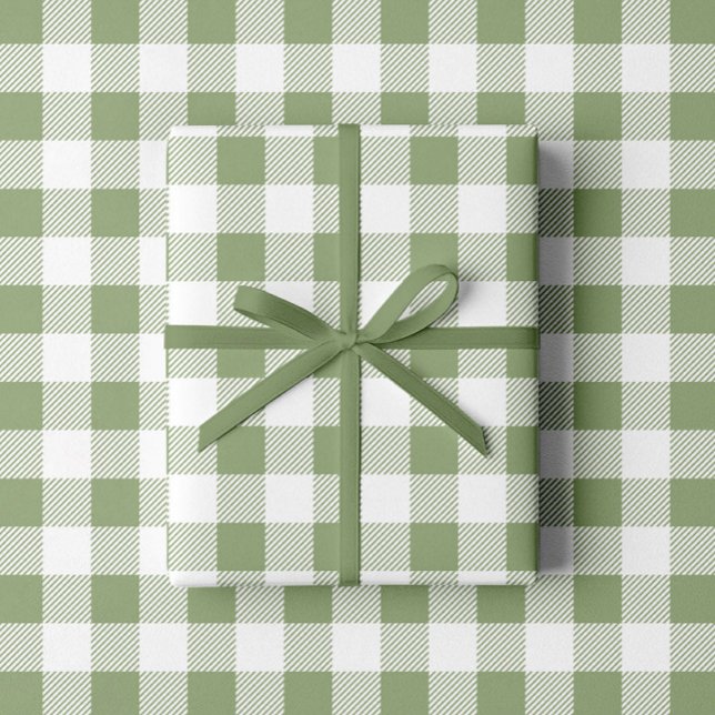 Elegant Salvia Grön Rutig Mönster Presentpapper (Sage Green White Plaid Pattern Wrapping Paper)