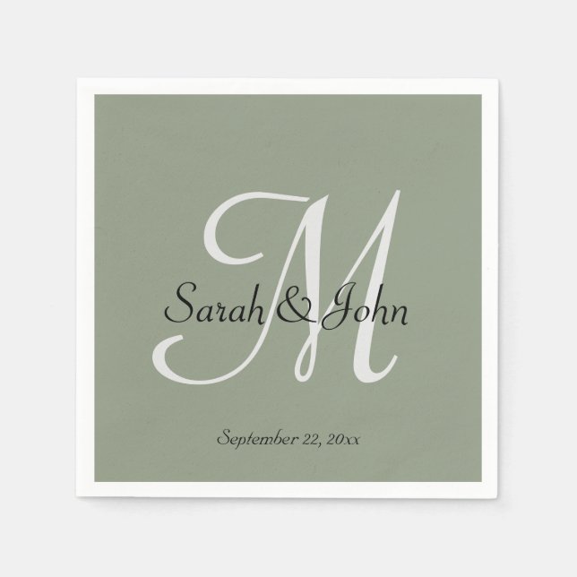 Elegant salvia grön script namn monogram bröllop  pappersservett (Framsidan)