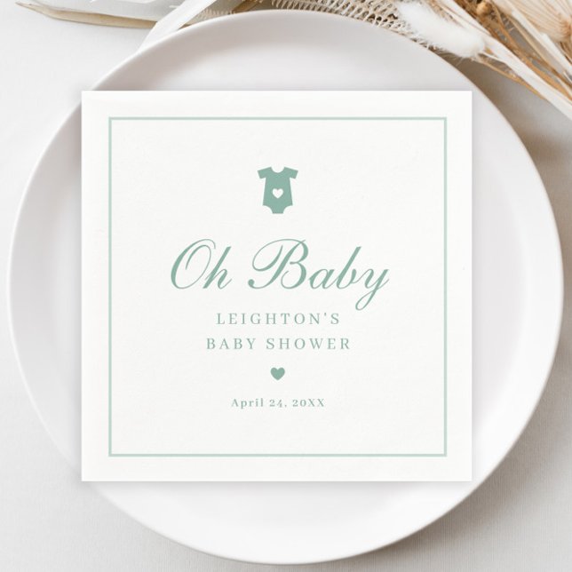 Elegant salvia grön script neutral baby shower  pappersservett (Elegant Sage Green Oh Baby Script Gender Neutral Baby Shower Napkins.)