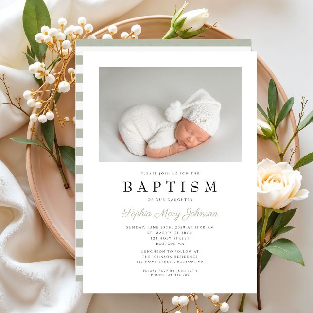 Elegant Salvia Gröna Ränder Foto Dop Inbjudningar (Elegant Sage Green Stripes Photo Baptism Invitation)